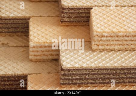 Crispy Sweet Wafers In Stack. The Chocolate And Vanilla Flavors. Closeup View From Side. Stock Photo