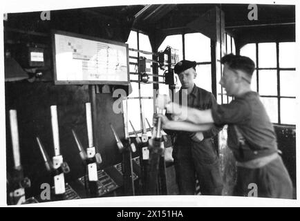 BRITISH REs DRIVE FIRST FRENCH ENGINE - In the signal box at Bayeux, L/Sergeant E. White, formerly a London, North Eastern Railway Signalman at Sleaford, Lines., is seen pulling a lever, while in the background is L/Corporal F. Andrews, formerly a Great Western Railway shunter at Newton Depot, Cardiff, who acted as guard. Section of line: Lison-Bayeux. Unit 181 Rly. Operative Company, RE British Army, 21st Army Group Stock Photo