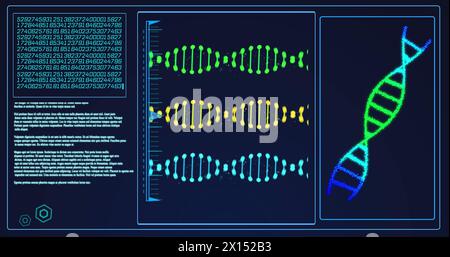 Image of data processing with dna strands and bubbles on black background Stock Photo