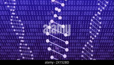 Image of data processing with dna strands on blue background Stock Photo