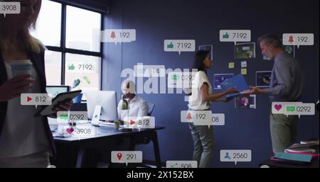 Image of changing numbers, icons in notification bars over diverse coworkers discussing reports Stock Photo
