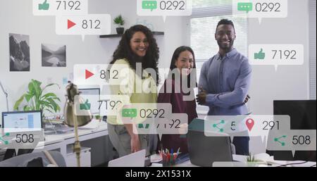 Image of multiple notification bars over diverse coworkers smiling while looking at camera Stock Photo