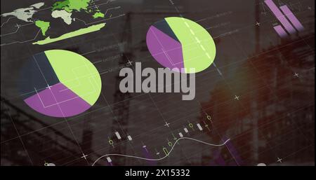 Image of multicolored infographic interface over under construction building against sky Stock Photo