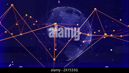 Image of connected dots and computer language over globe against black background Stock Photo