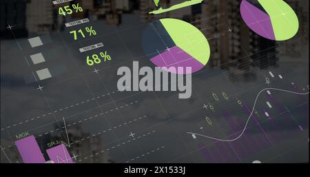 Image of multicolored infographic interface over modern buildings against cloudy sky Stock Photo
