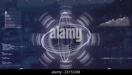 Image of circles on arc reactor, graphs and computer language over abstract background Stock Photo