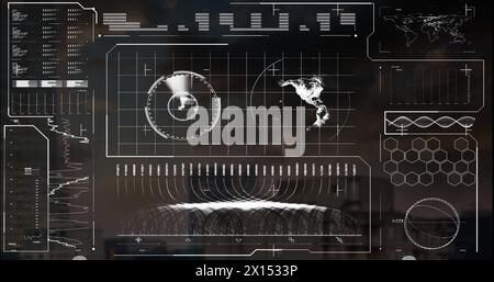 Image of map, globe, loading bars, soundwave over modern buildings against cloudy sky Stock Photo