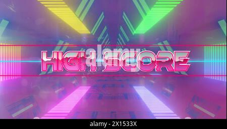 Image of high score text over neon pattern background Stock Photo