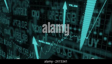 Image of graphs, up arrows, changing numbers and trading board over black background Stock Photo