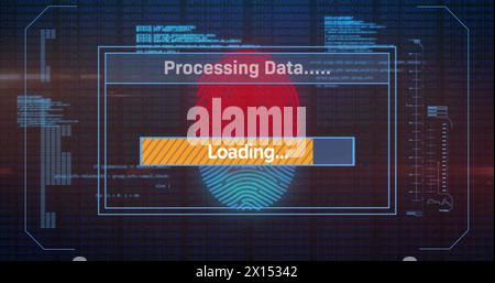 Image of loading bars, computer language, fingerprint and changing numbers on black background Stock Photo