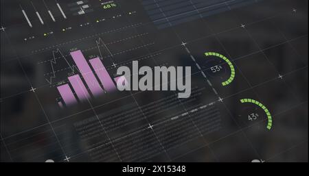 Image of multicolored infographic interface over modern cityscape against sky Stock Photo