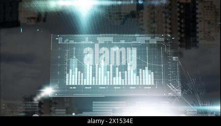 Image of graphs, loading bars and computer language over modern buildings against cloudy sky Stock Photo