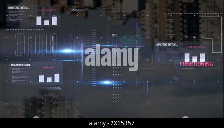 Image of graphs, texts, loading bars and computer language, modern buildings against cloudy sky Stock Photo