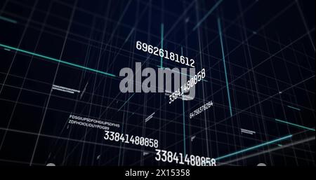 Image of graphs, changing numbers and letters with grid pattern over black background Stock Photo