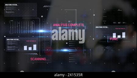 Image of texts, graphs, lines, loading bars and computer language over modern buildings Stock Photo