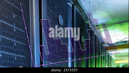 Image of graph and changing numbers over data server racks in server room Stock Photo