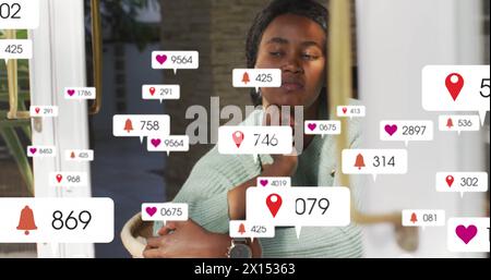 Image of icon, changing numbers in notification bars, thoughtful african american woman Stock Photo