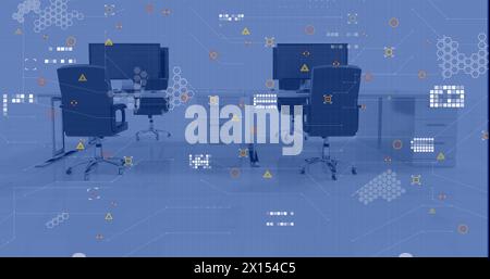 Image of financial data processing over office with computers on desks Stock Photo