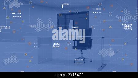Image of financial data processing over office with computer on desk and chair Stock Photo