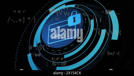 Image of padlock and credit card in loading circles over symbols against black background Stock Photo