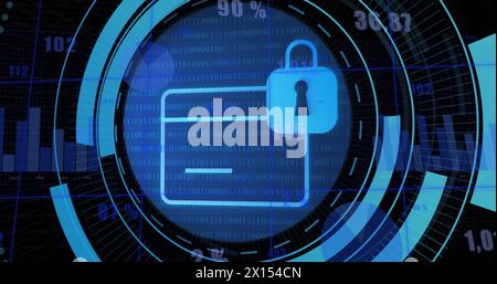 Image of security padlock icon on round scanner against statistical data processing Stock Photo