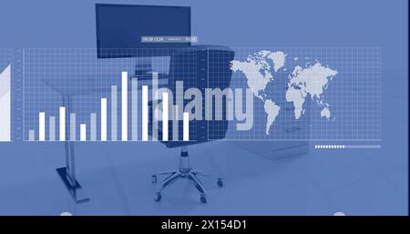 Image of financial data processing over office with computers on desks and chairs Stock Photo