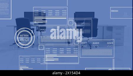 Image of financial data processing over office with computers on desks Stock Photo