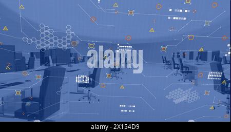 Image of financial data processing over office with computers on desks and chairs Stock Photo