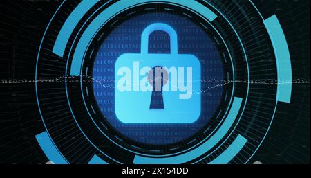 Image of security padlock icon over round scanner against binary coding data processing Stock Photo