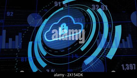 Image of security padlock and cloud icon on round scanner against statistical data processing Stock Photo