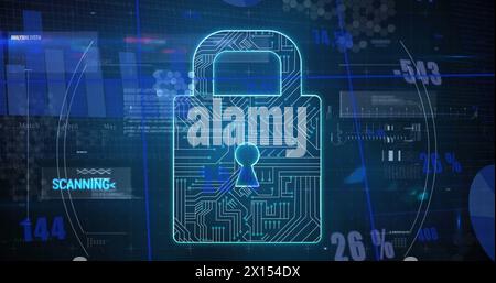 Image of scope scanning over security padlock icon and statistical data processing Stock Photo