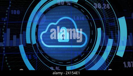Image of padlock in cloud and loading circles over multiple graphs against black background Stock Photo