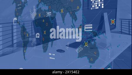 Image of financial data processing and world map over office with computer on desk Stock Photo