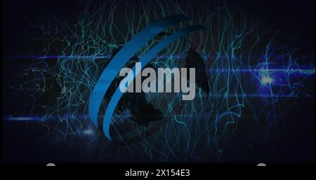 Image of data processing with globe over light trails on black background Stock Photo