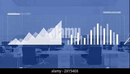 Image of financial data processing over office with computers on desks Stock Photo