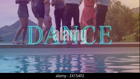 Image of dance text over diverse group of friends dancing by pool Stock Photo