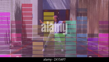 Image of colourful columns moving over biracial woman dancing Stock Photo