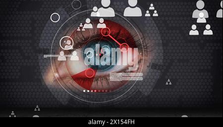 Image of people icons, data processing scope scanning over woman's eye Stock Photo