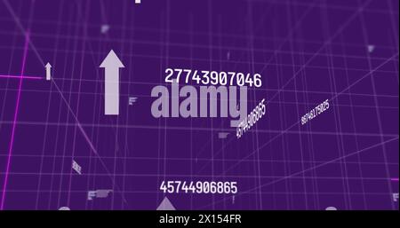 Image of lightning and arrows over grid and data processing Stock Photo