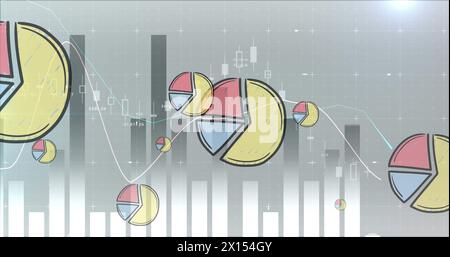 Image of pie chart icons over statistics processing on grey background Stock Photo