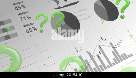 Image of green question marks flying over statistics recording on white background Stock Photo