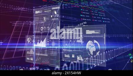 Image of statistics, binary coding and financial data processing over grid Stock Photo