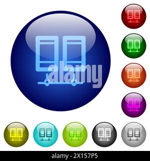Network servers outline icons on round glass buttons in multiple colors. Arranged layer structure Stock Vector