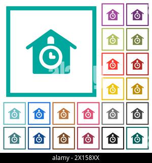 Cuckoo clock solid flat color icons with quadrant frames on white background Stock Vector