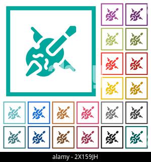 Double bass and bow solid flat color icons with quadrant frames on white background Stock Vector