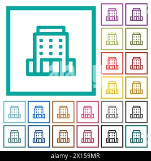 Office building outline flat color icons with quadrant frames on white background Stock Vector