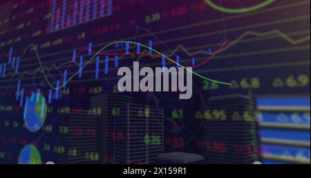 Image of data processing and city on blue background Stock Photo