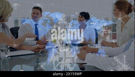 Image of numbers processing and world map over caucasian business people Stock Photo