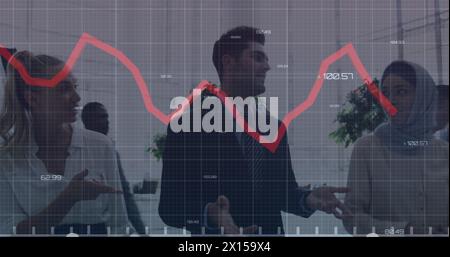 Image of red line, statistics and financial data processing over diverse business people Stock Photo