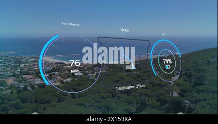 Image of speedometer and battery level over cityscape Stock Photo